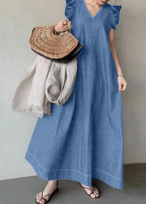 Boho Baby Blue V Neck Ruffled Patchwork Denim Dress Summer LY3958