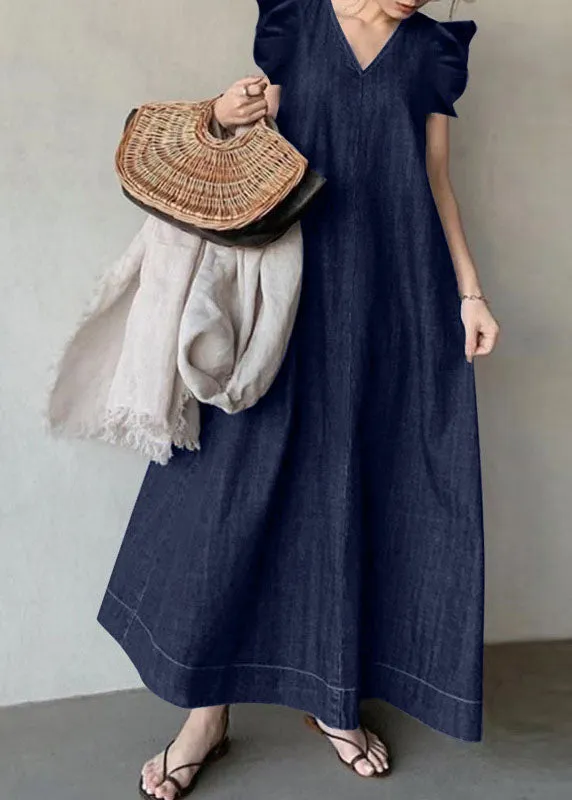 Boho Baby Blue V Neck Ruffled Patchwork Denim Dress Summer LY3958