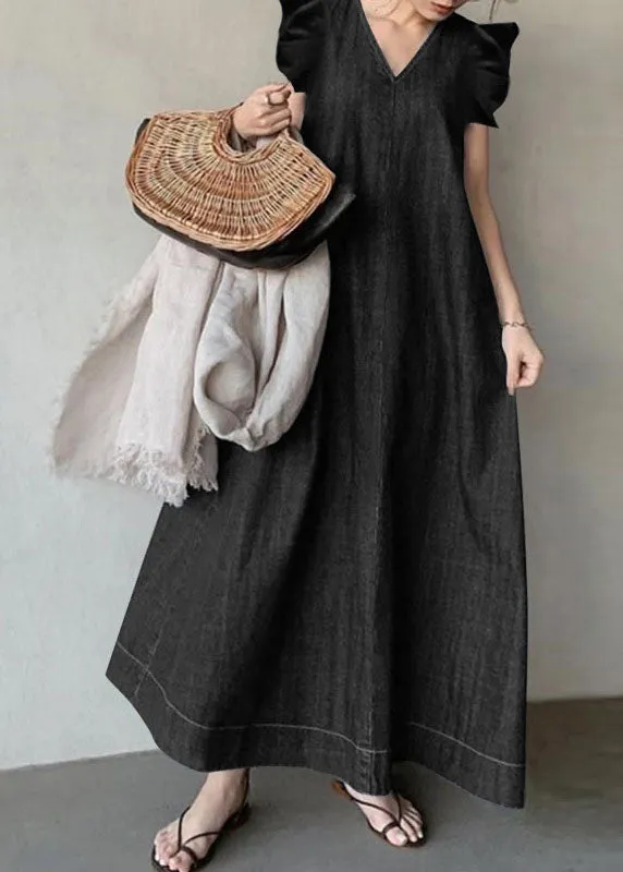 Boho Baby Blue V Neck Ruffled Patchwork Denim Dress Summer LY3958