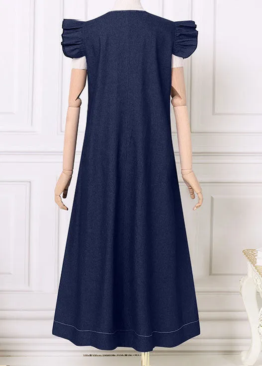 Boho Baby Blue V Neck Ruffled Patchwork Denim Dress Summer LY3958