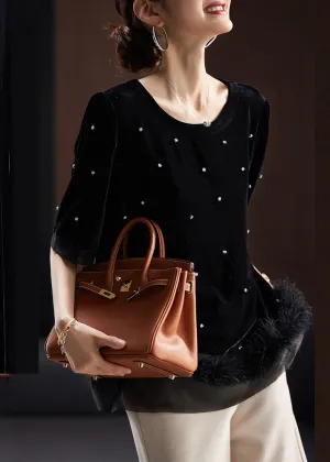 Boho Black O-Neck Zircon Tassel Patchwork Fluffy Silk Velour Top Summer ML1987