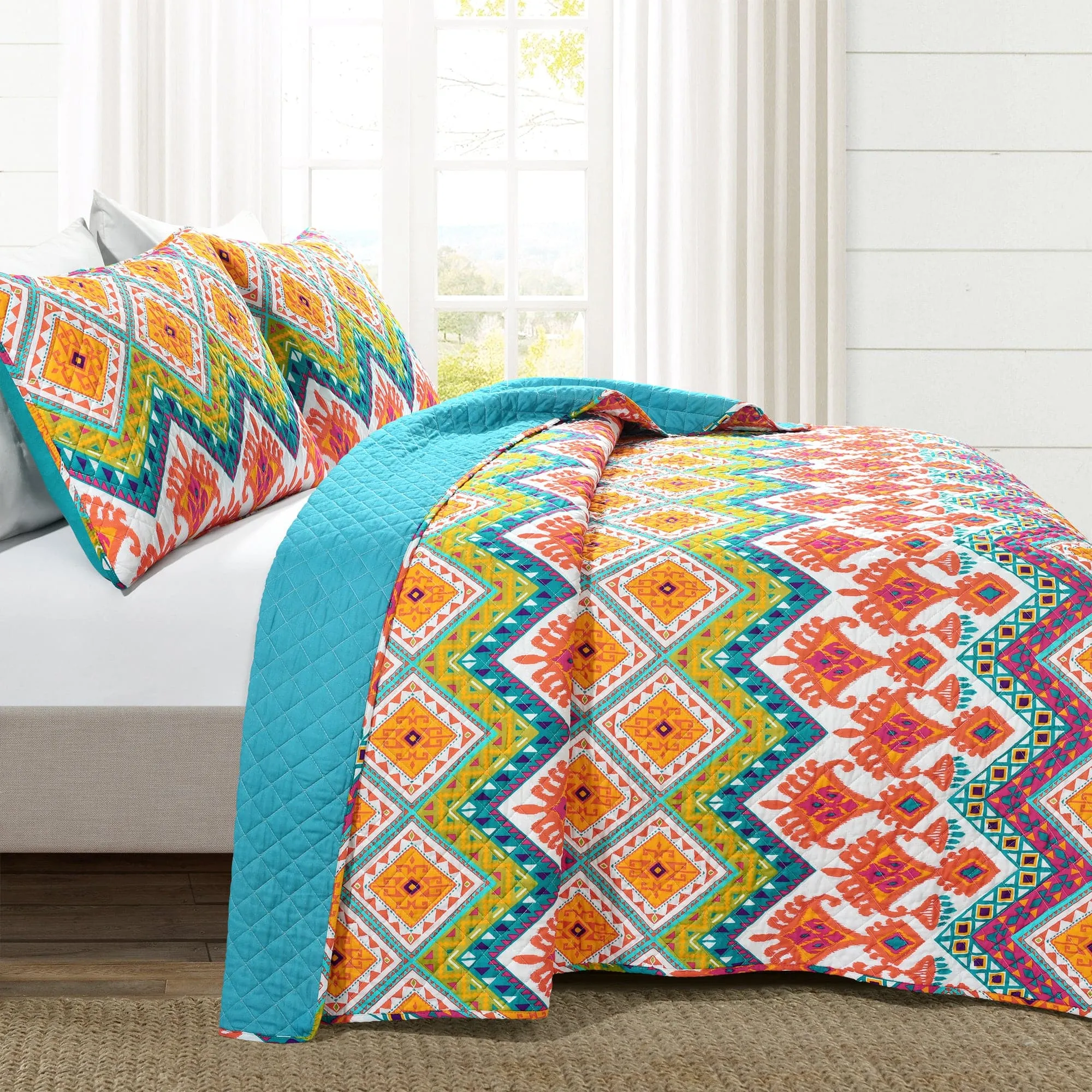 Boho Chevron Reversible Cotton Quilt 3 Piece Set