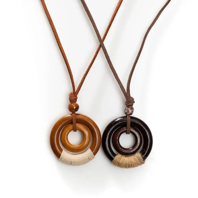 Boho Style Handmade Wooden Circular Pendant Necklace