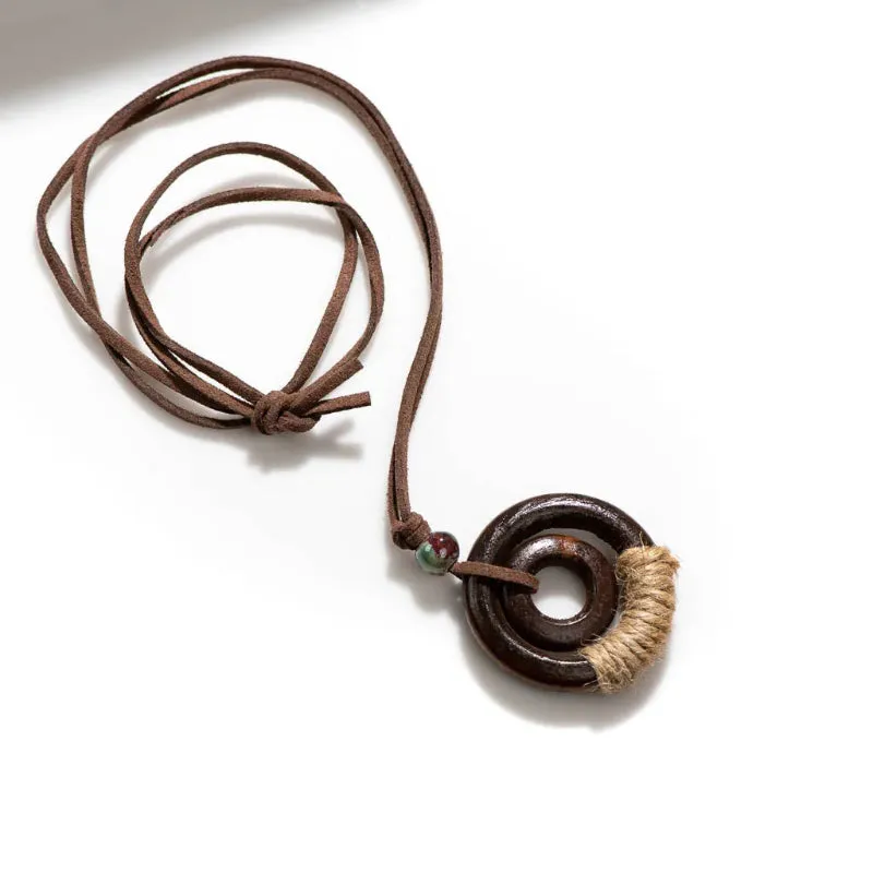 Boho Style Handmade Wooden Circular Pendant Necklace