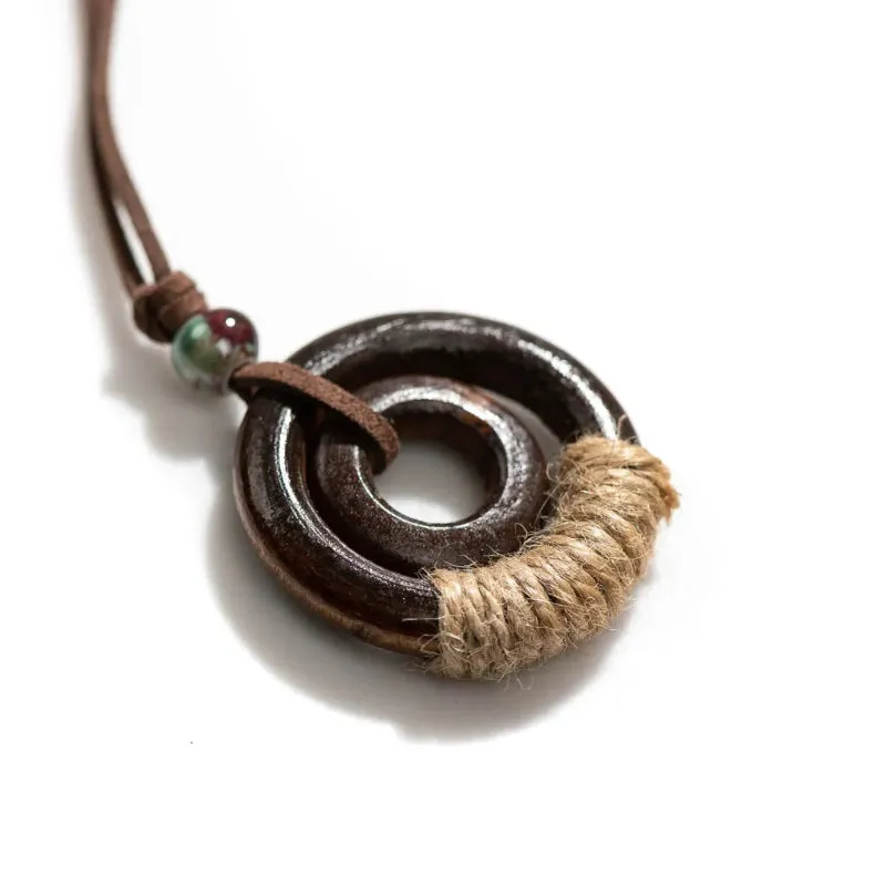 Boho Style Handmade Wooden Circular Pendant Necklace