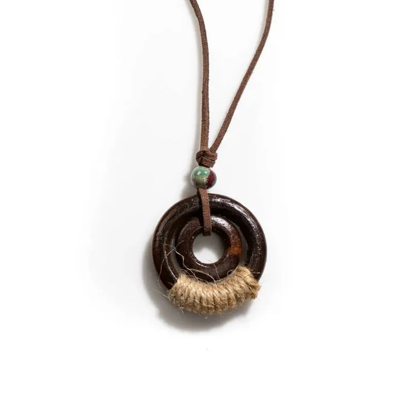 Boho Style Handmade Wooden Circular Pendant Necklace