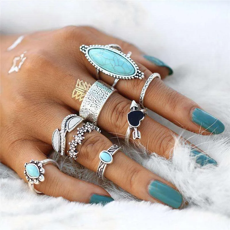 Boho Turquoise Shield Ring Set