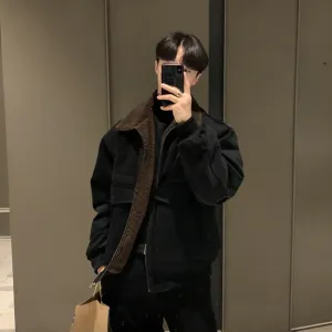 Bonsir classy outfits men Autumn and Winter Thickened Men's Jacket Casual Korean Retro Ruffle Handsome Fleece-lined Lamb Wool Lapel Short Coat