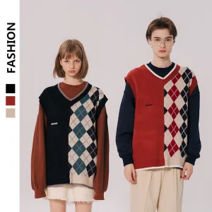 Bonsir Japanese Loose Couple Patchwork Argyle Sweater Vest Men's New Autumn Fashion Harajuku Letter Embroidery Man Pullover Vest