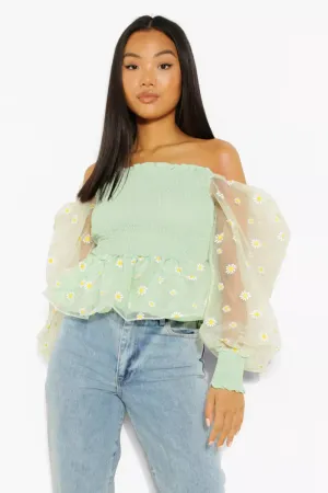 Boohoo Petite Daisy Organza Shirred Mint Peplum Ladies Top