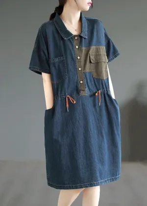 Boutique Blue Button Drawstring Pockets Patchwork Denim Mid Dress