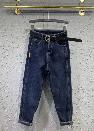 Boutique Blue Pockets Patchwork Warm Fleece Denim Pants Winter ML0771