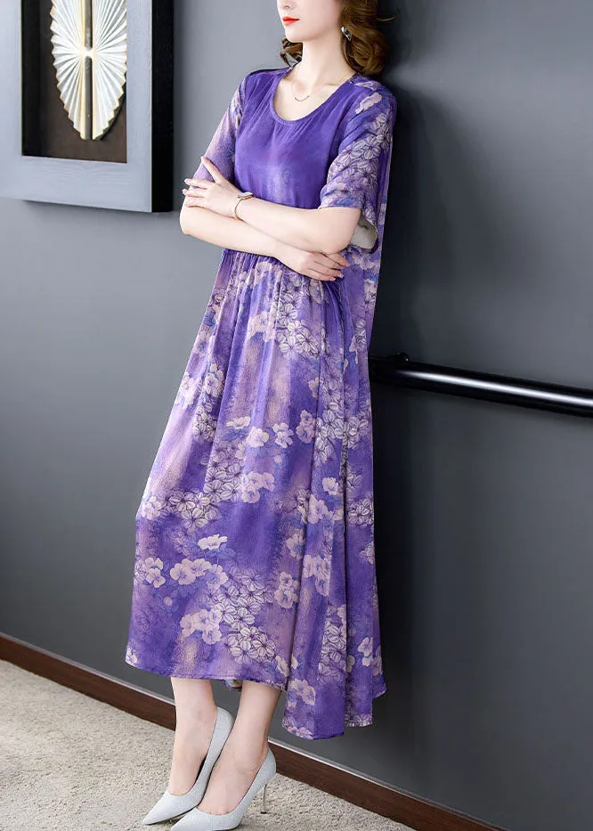 Boutique Purple O Neck Print Wrinkled Patchwork Silk Dress Summer LY5927