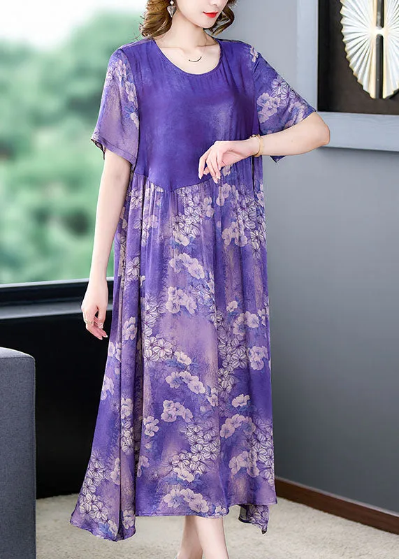 Boutique Purple O Neck Print Wrinkled Patchwork Silk Dress Summer LY5927