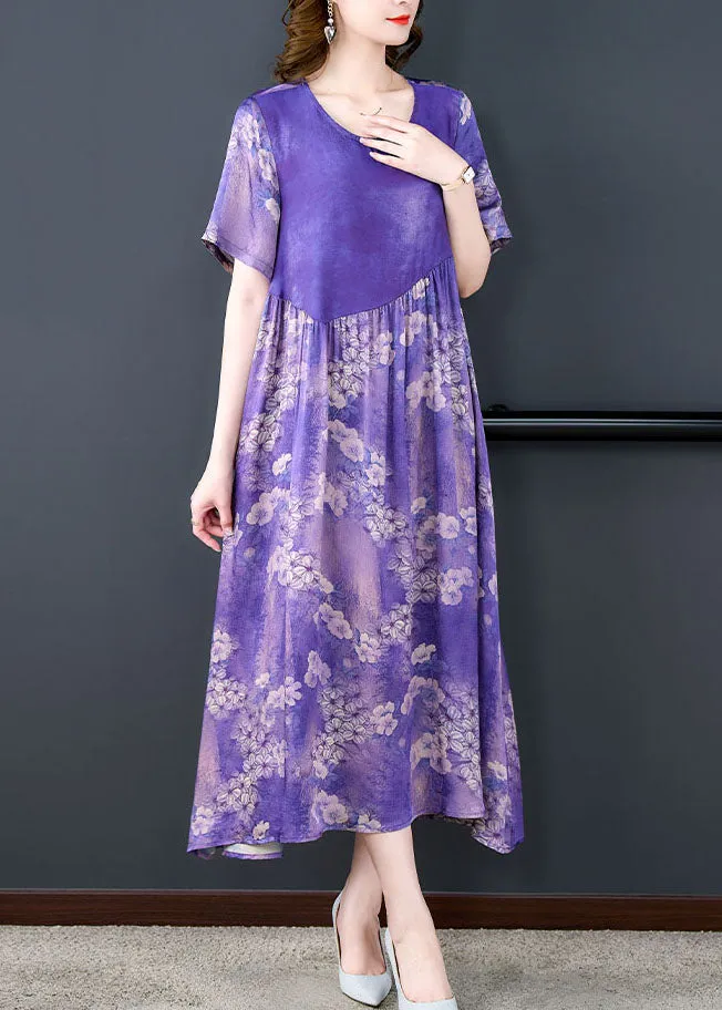 Boutique Purple O Neck Print Wrinkled Patchwork Silk Dress Summer LY5927