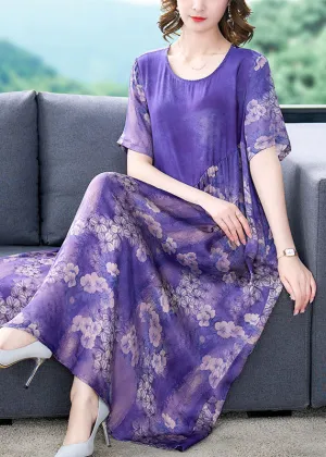 Boutique Purple O Neck Print Wrinkled Patchwork Silk Dress Summer LY5927