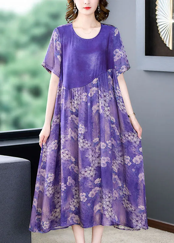 Boutique Purple O Neck Print Wrinkled Patchwork Silk Dress Summer LY5927