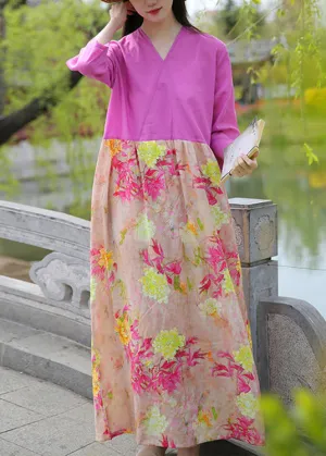 Boutique Rose Print Pockets Patchwork Cotton Long Dresses Summer ML0064