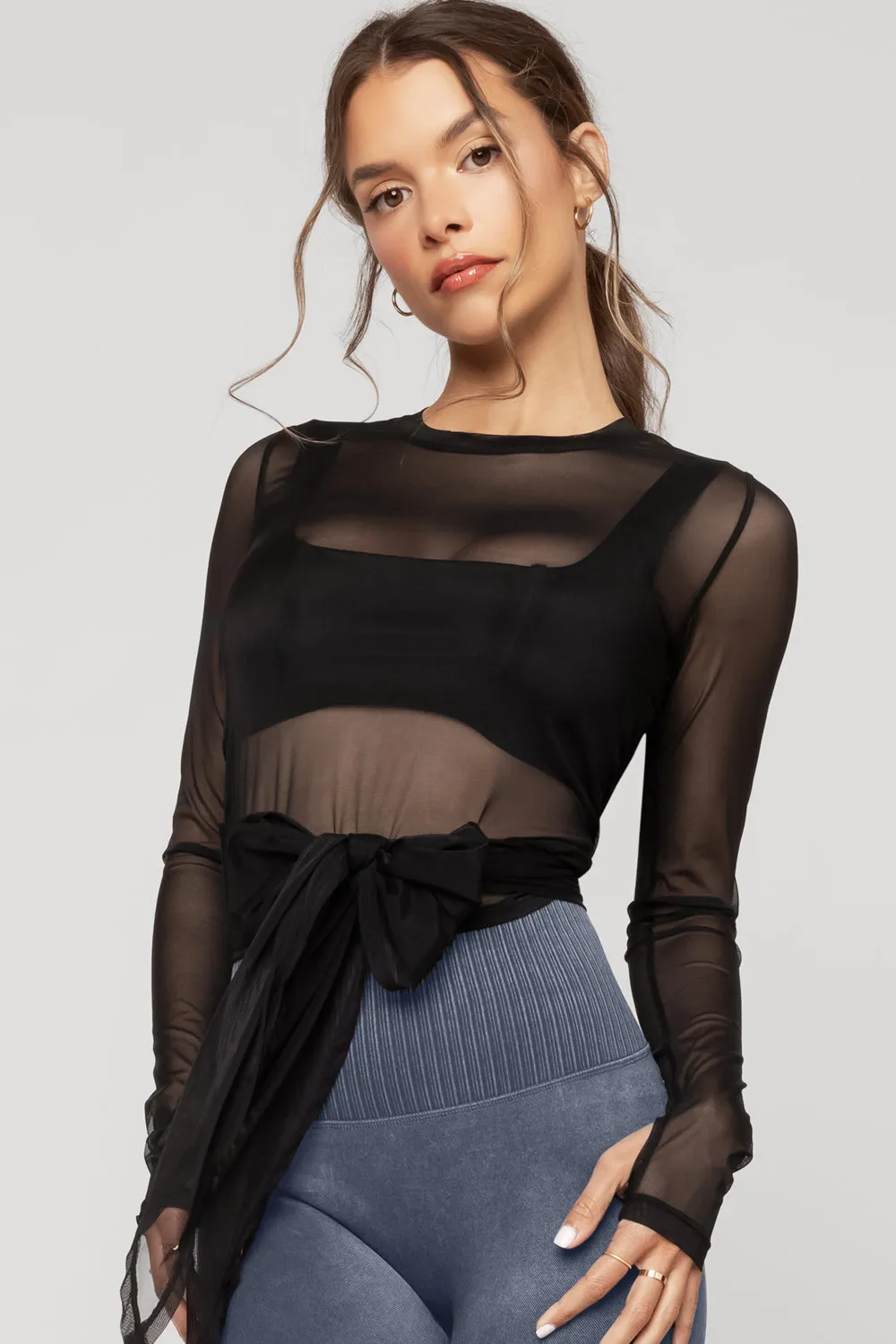 Bow Back Long Sleeve Mesh Top - Black