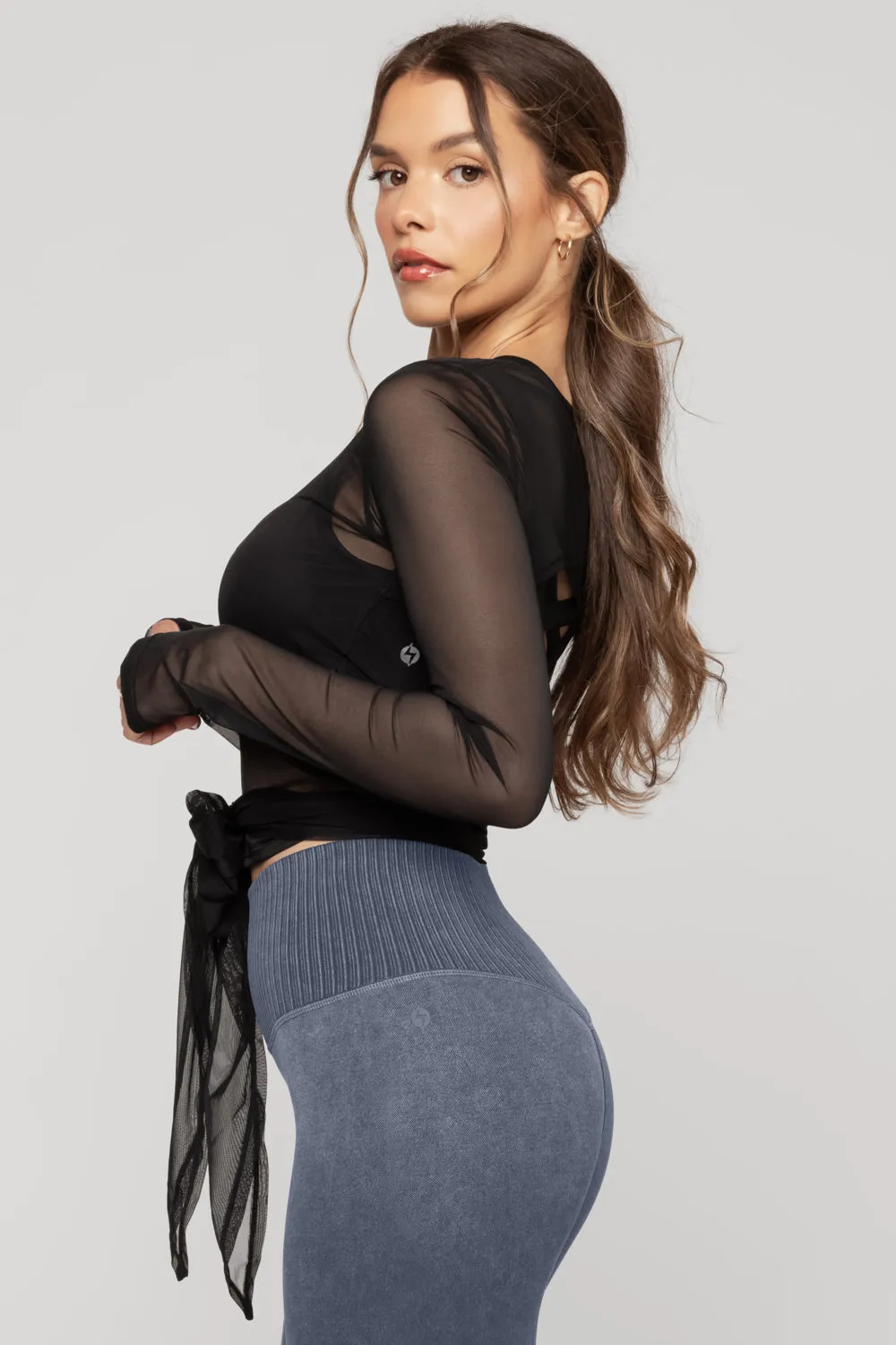 Bow Back Long Sleeve Mesh Top - Black