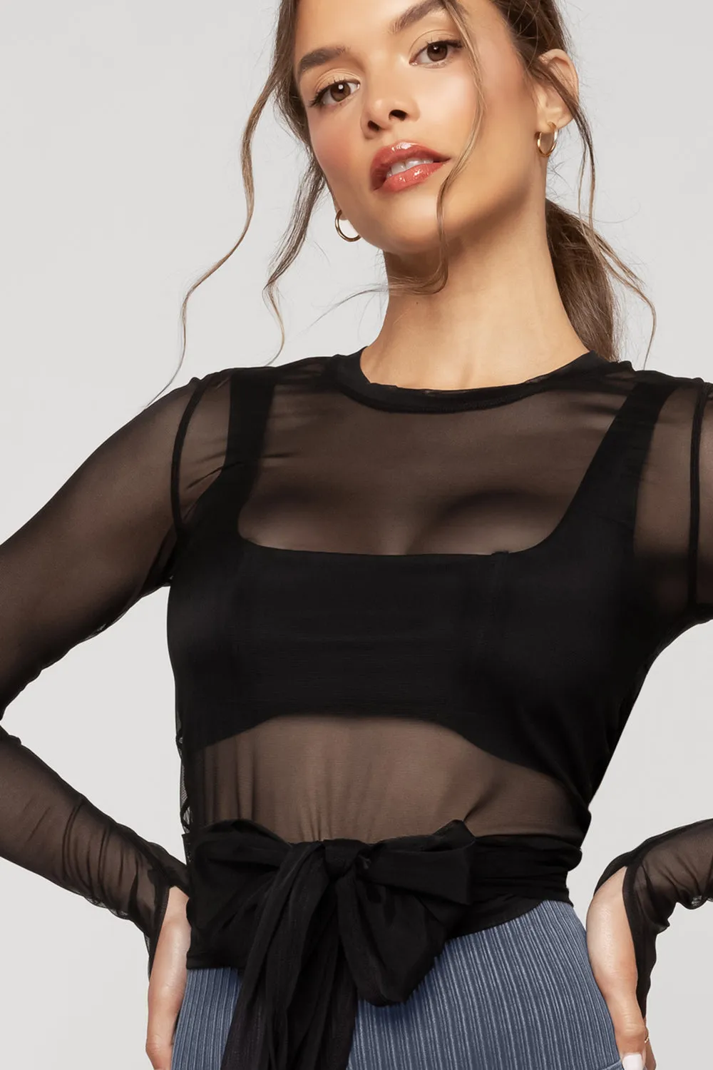 Bow Back Long Sleeve Mesh Top - Black