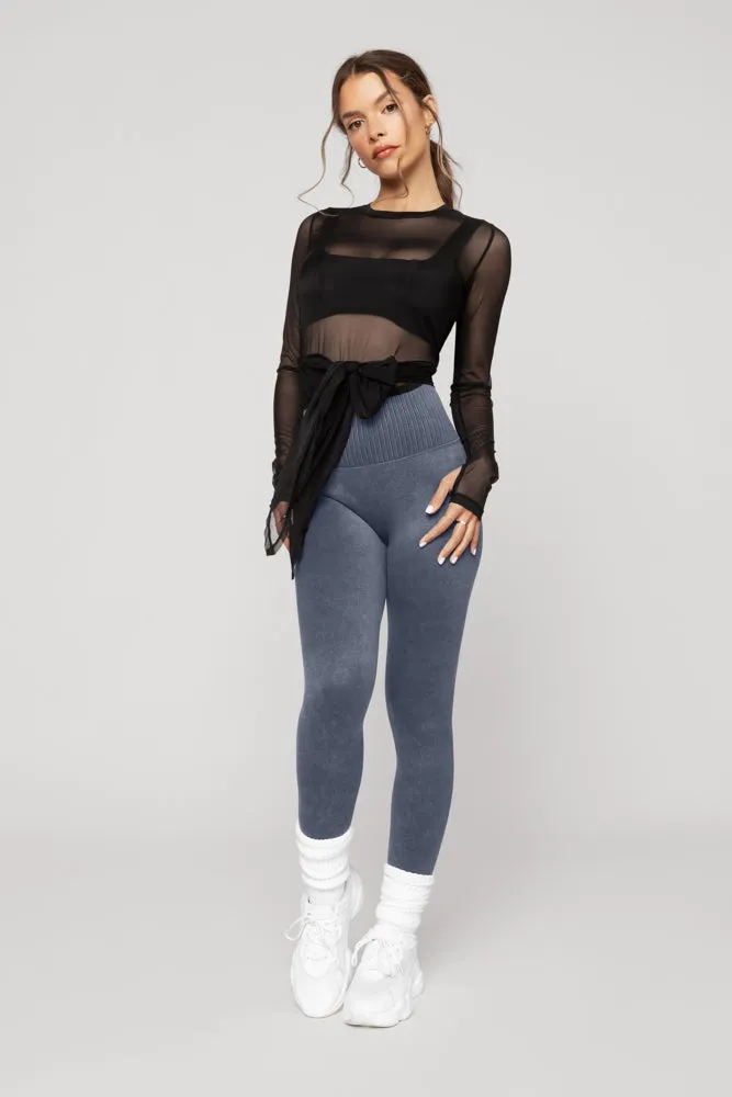 Bow Back Long Sleeve Mesh Top - Black