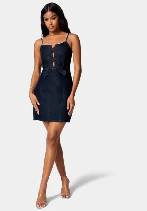 Bow Detail Rhinestone Strap Glitter Denim Dress
