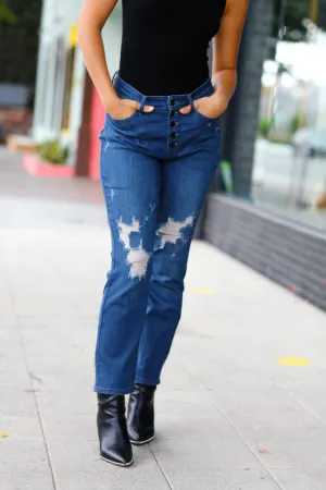 Boyfriend Fit Button Fly Distressed Jeans