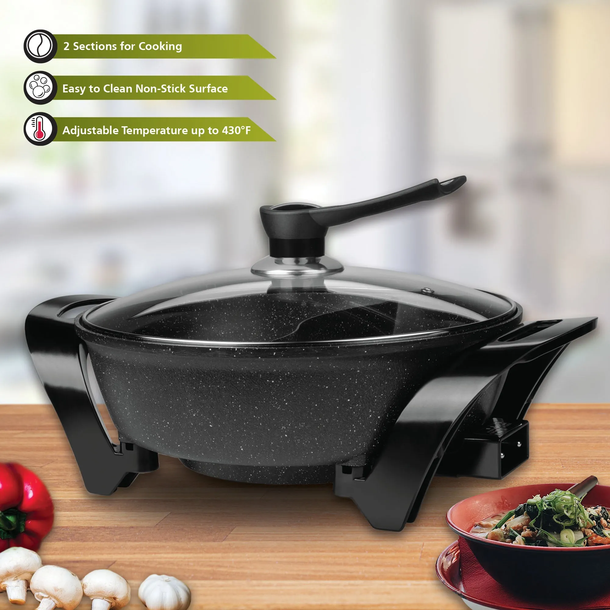 Brentwood SK-72BK Electric Non-Stick 6-Quart Shabu Shabu Pot with Divider, Black