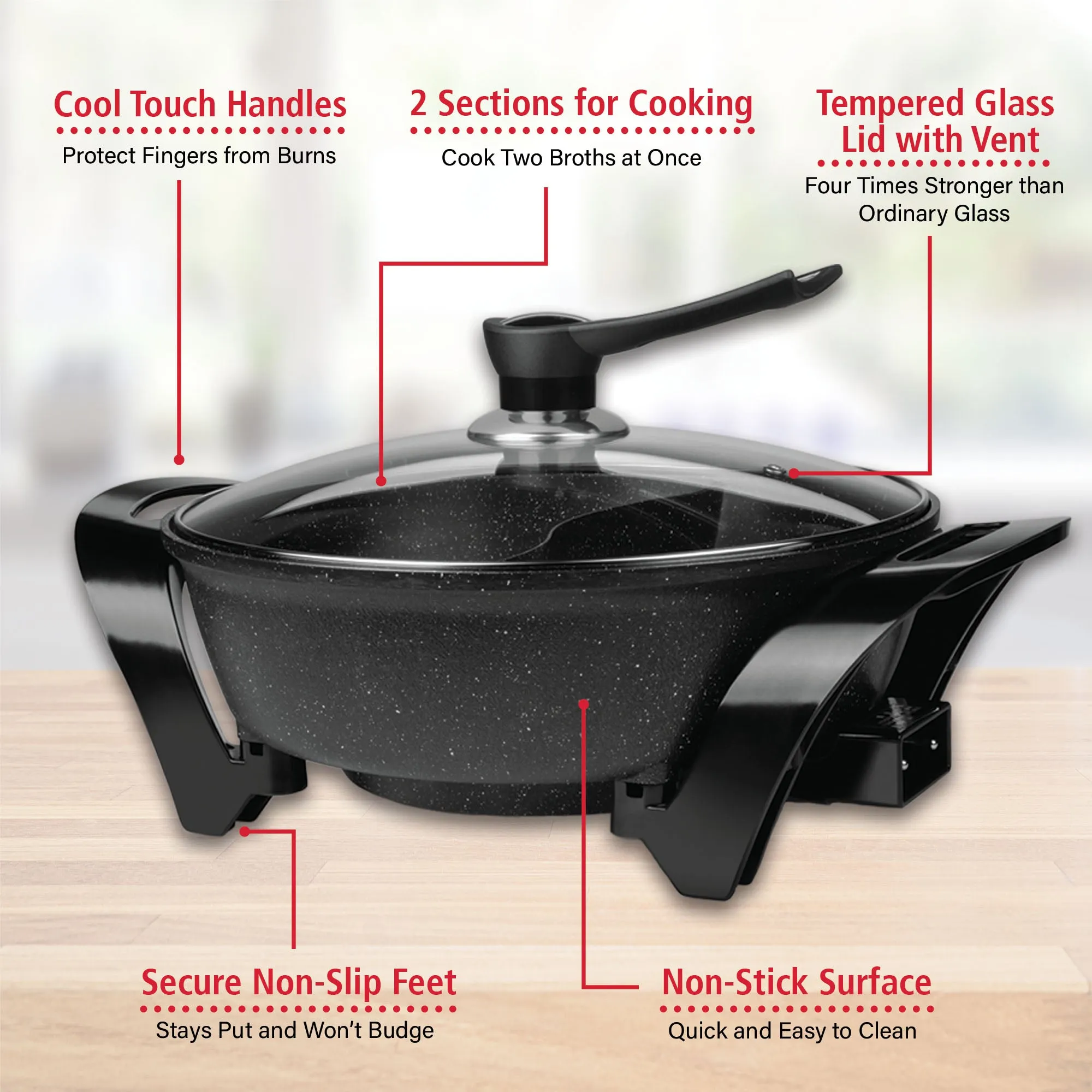 Brentwood SK-72BK Electric Non-Stick 6-Quart Shabu Shabu Pot with Divider, Black