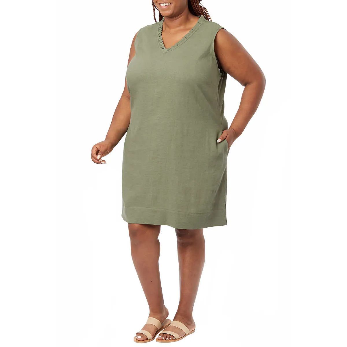 Briggs Women's Ruffle Trim V-Neck Linen Blend Side Pockets Mini Dress