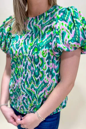 Bright Green Abstract Print Puff Sleeve Round Neck Blouse
