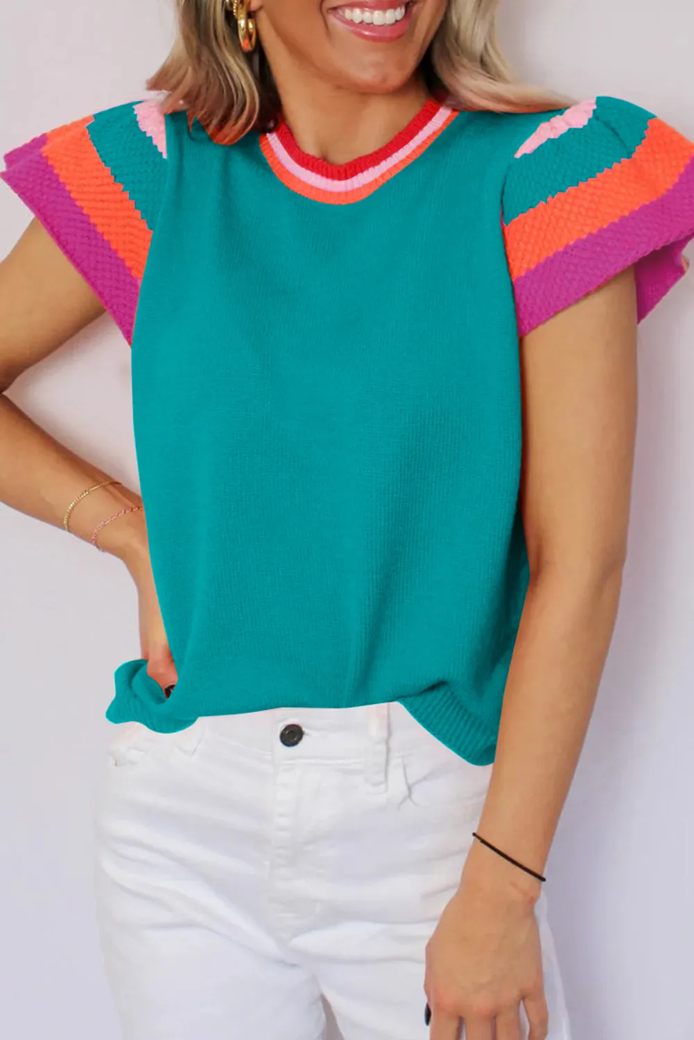 Bright Pink Contrast Flutter Sleeves Knitted Sweater T Shirt