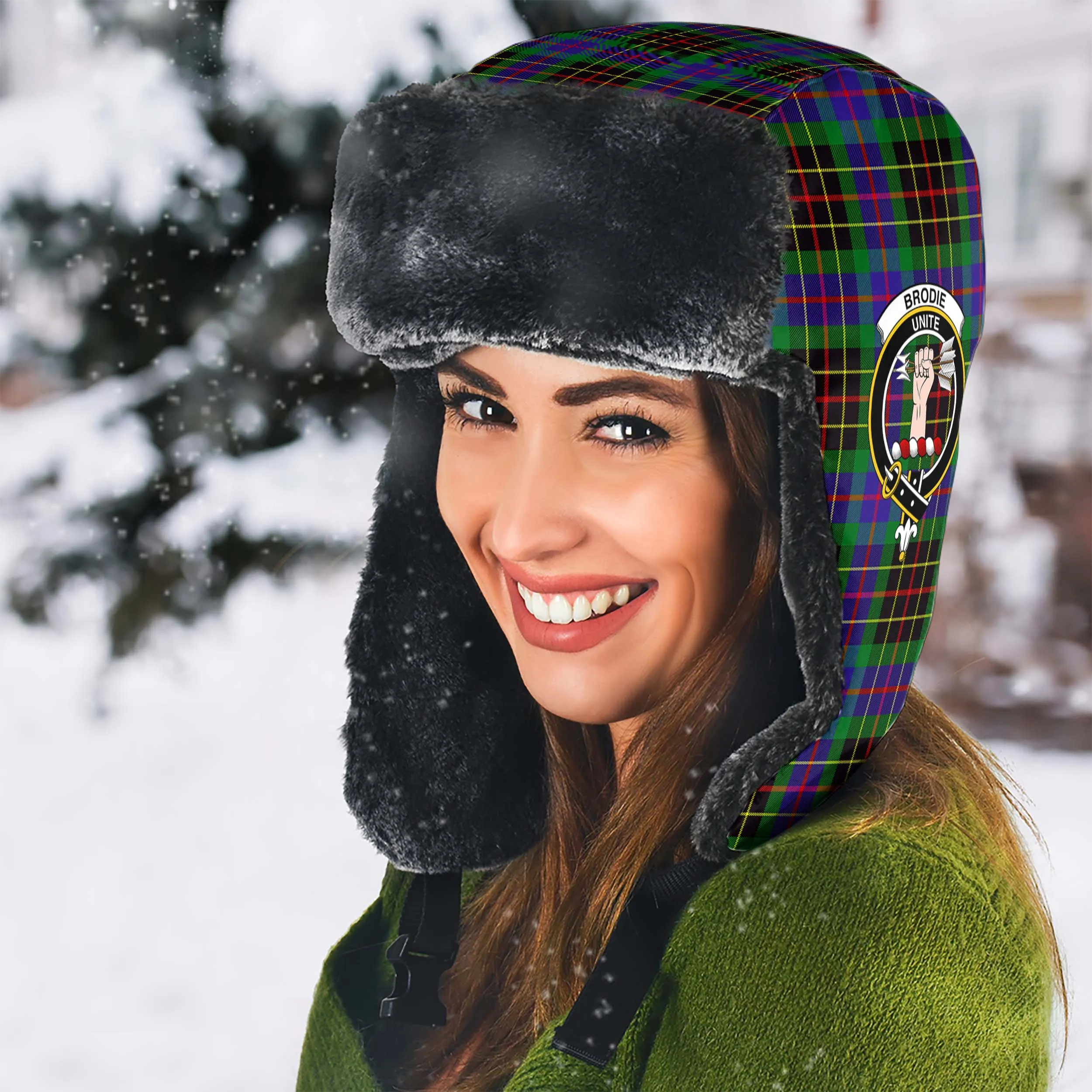 Brodie Hunting Modern Tartan Winter Trapper Hat with Family Crest