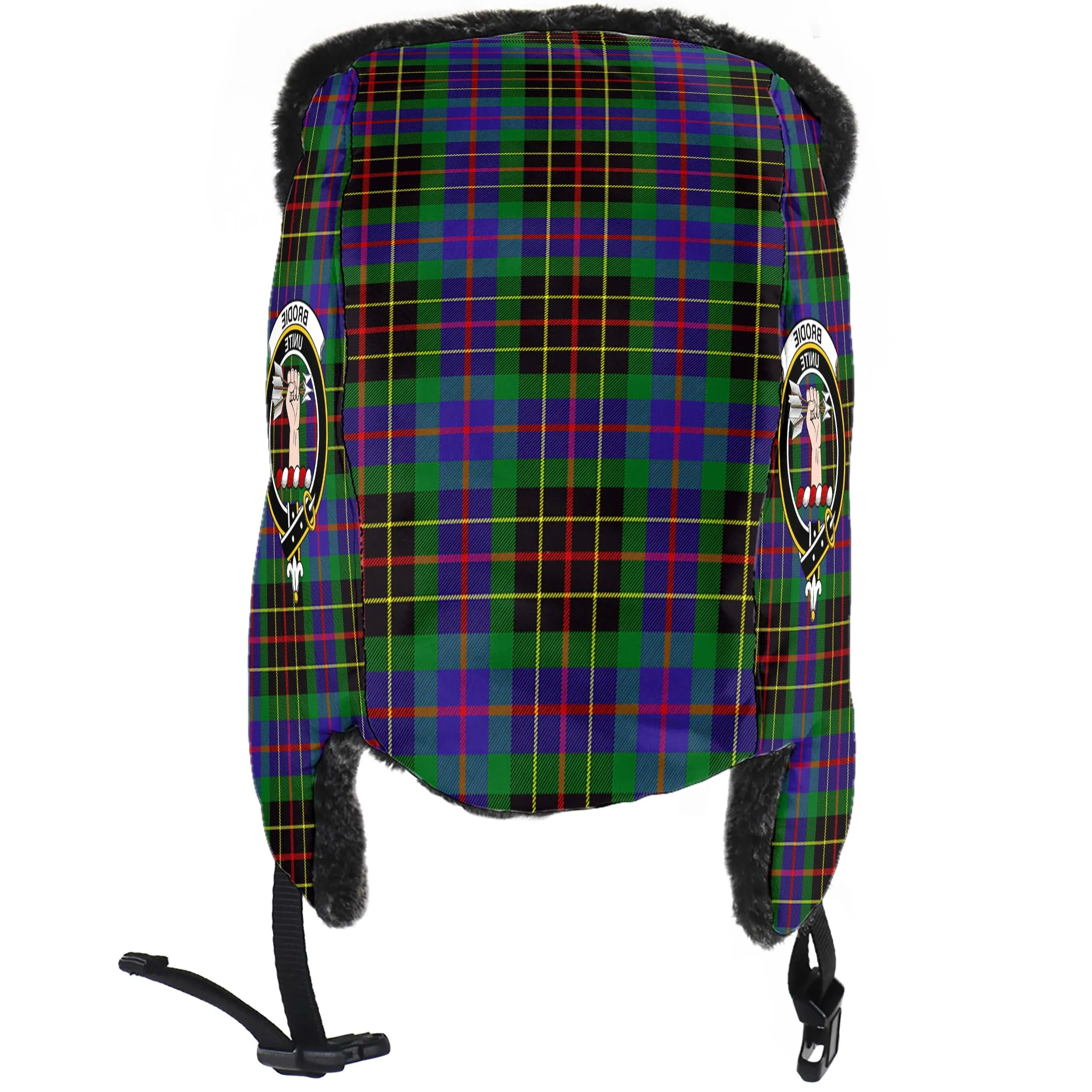 Brodie Hunting Modern Tartan Winter Trapper Hat with Family Crest