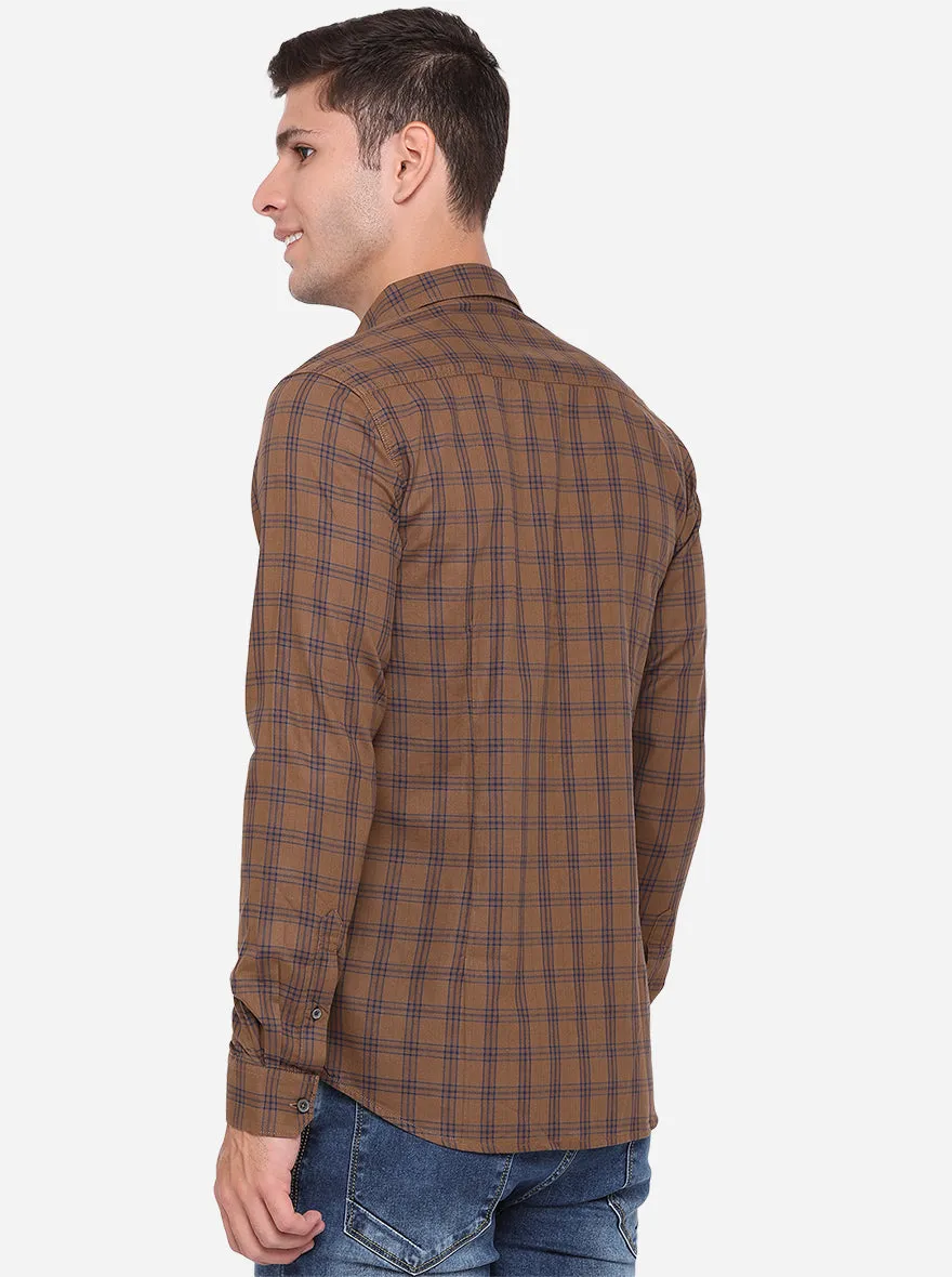 Brown Checked Slim Fit Semi Casual Shirt | JadeBlue