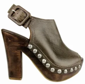 Brown Leather Slingback Wood Heel Clogs