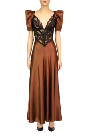 Brown Silk Satin Short Sleeve Dress With Black Lace Details