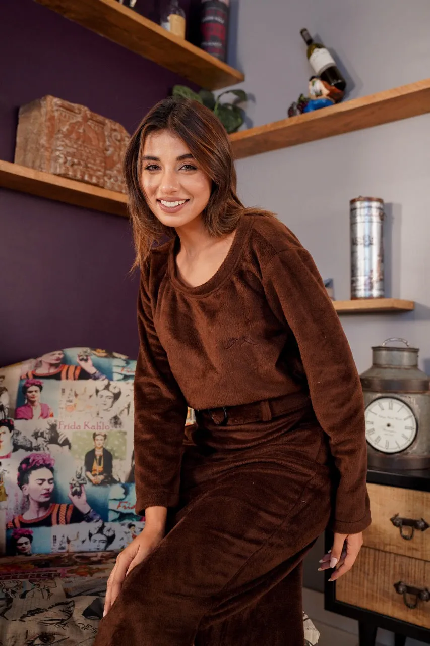 Brown Super Soft Woollen Top & Skirt Set