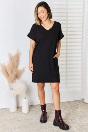 Brushed DTY Rolled Short Sleeve V-Neck Dress