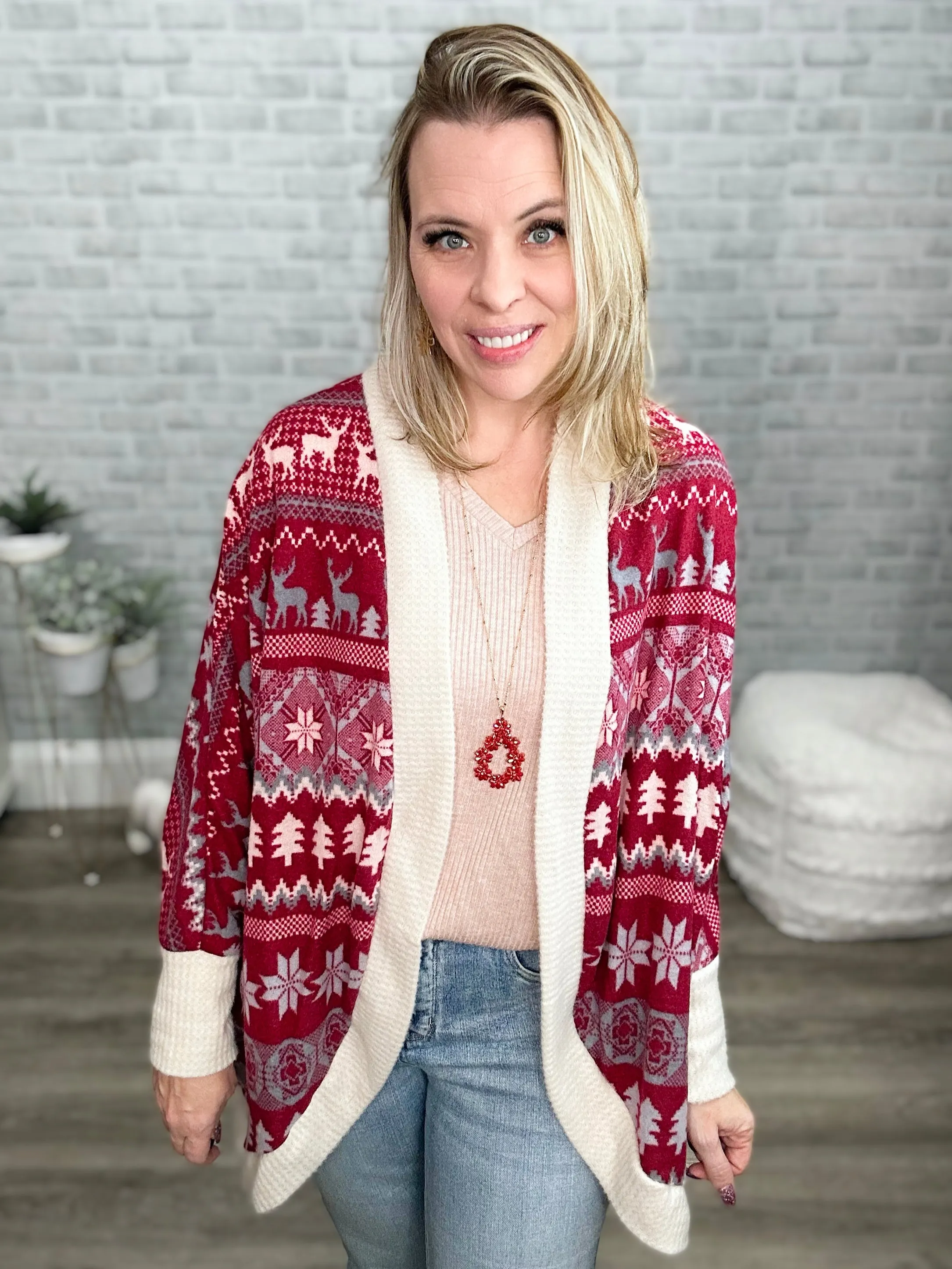 Brushed Snuggly Soft Burgundy Winter Print Cardigan
