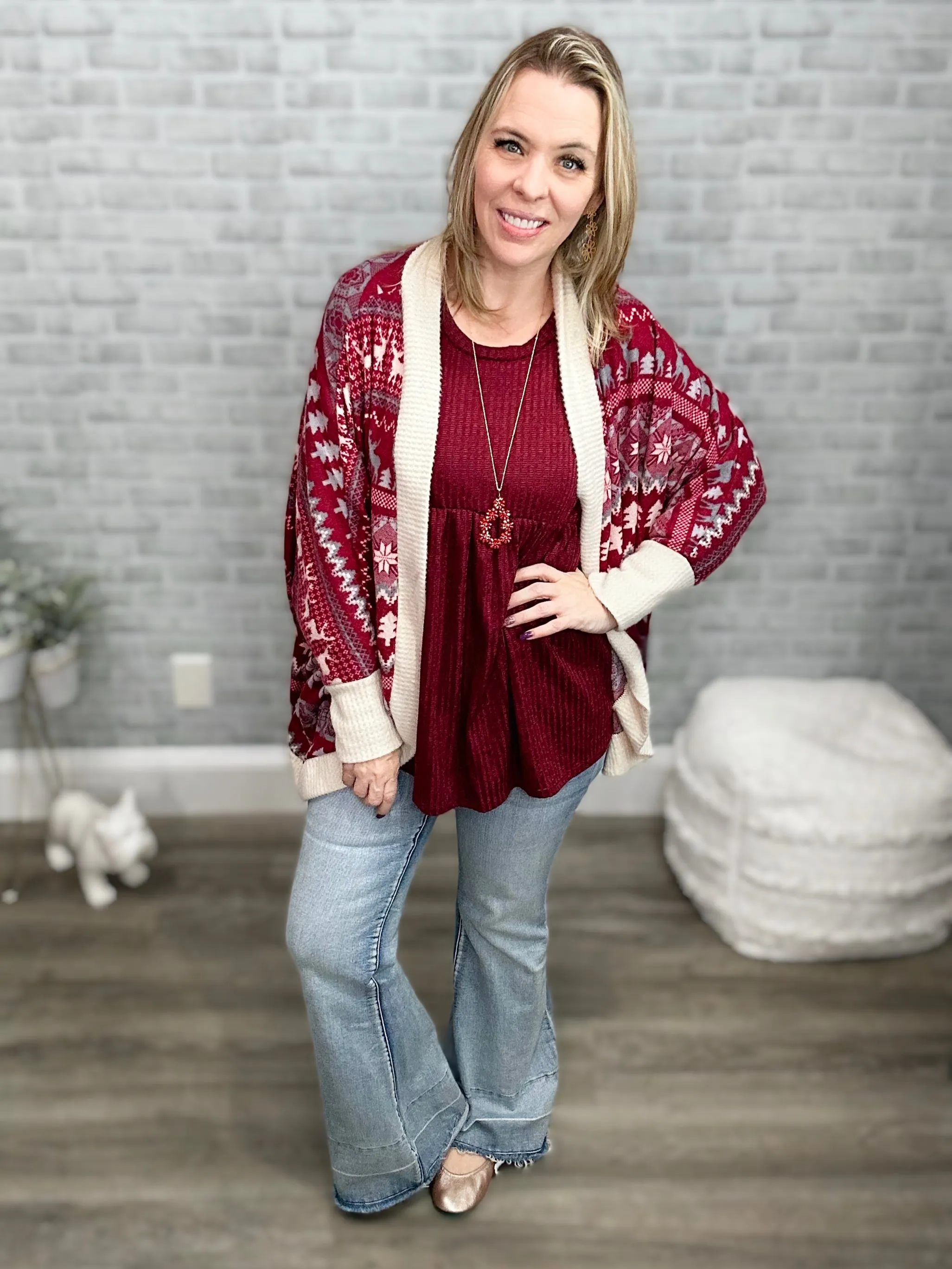 Brushed Snuggly Soft Burgundy Winter Print Cardigan