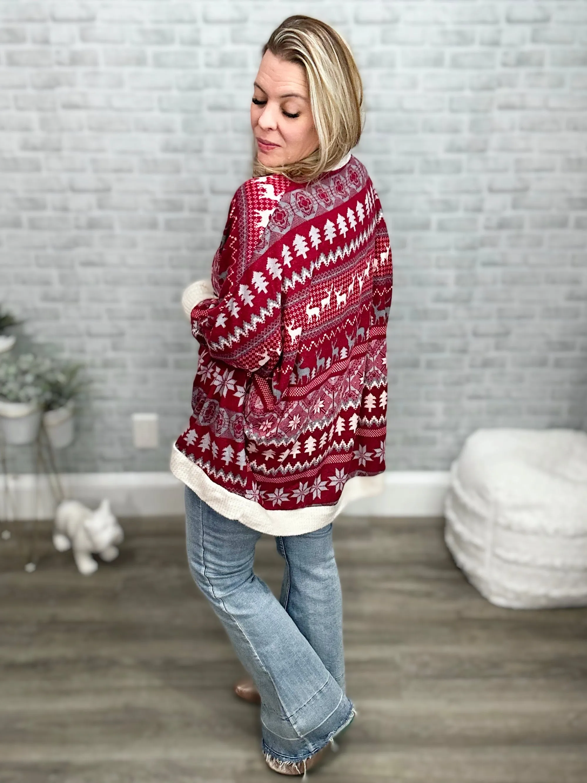 Brushed Snuggly Soft Burgundy Winter Print Cardigan