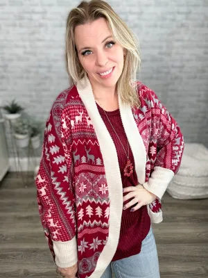 Brushed Snuggly Soft Burgundy Winter Print Cardigan