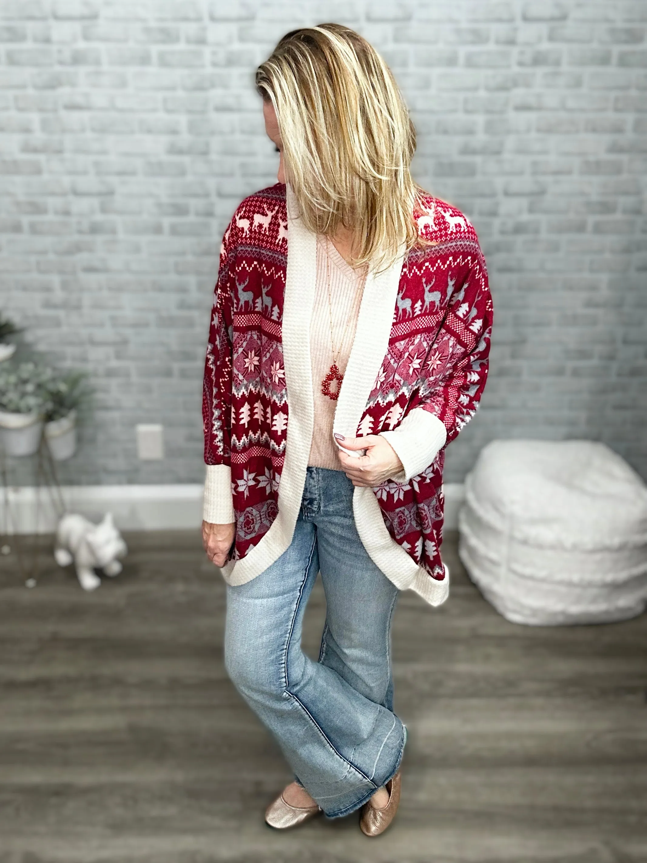 Brushed Snuggly Soft Burgundy Winter Print Cardigan