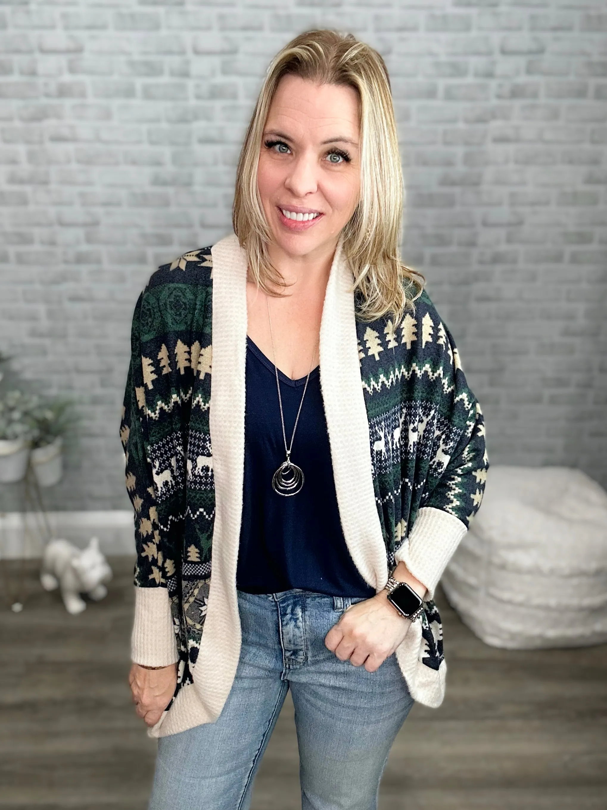Brushed Snuggly Soft Burgundy Winter Print Cardigan