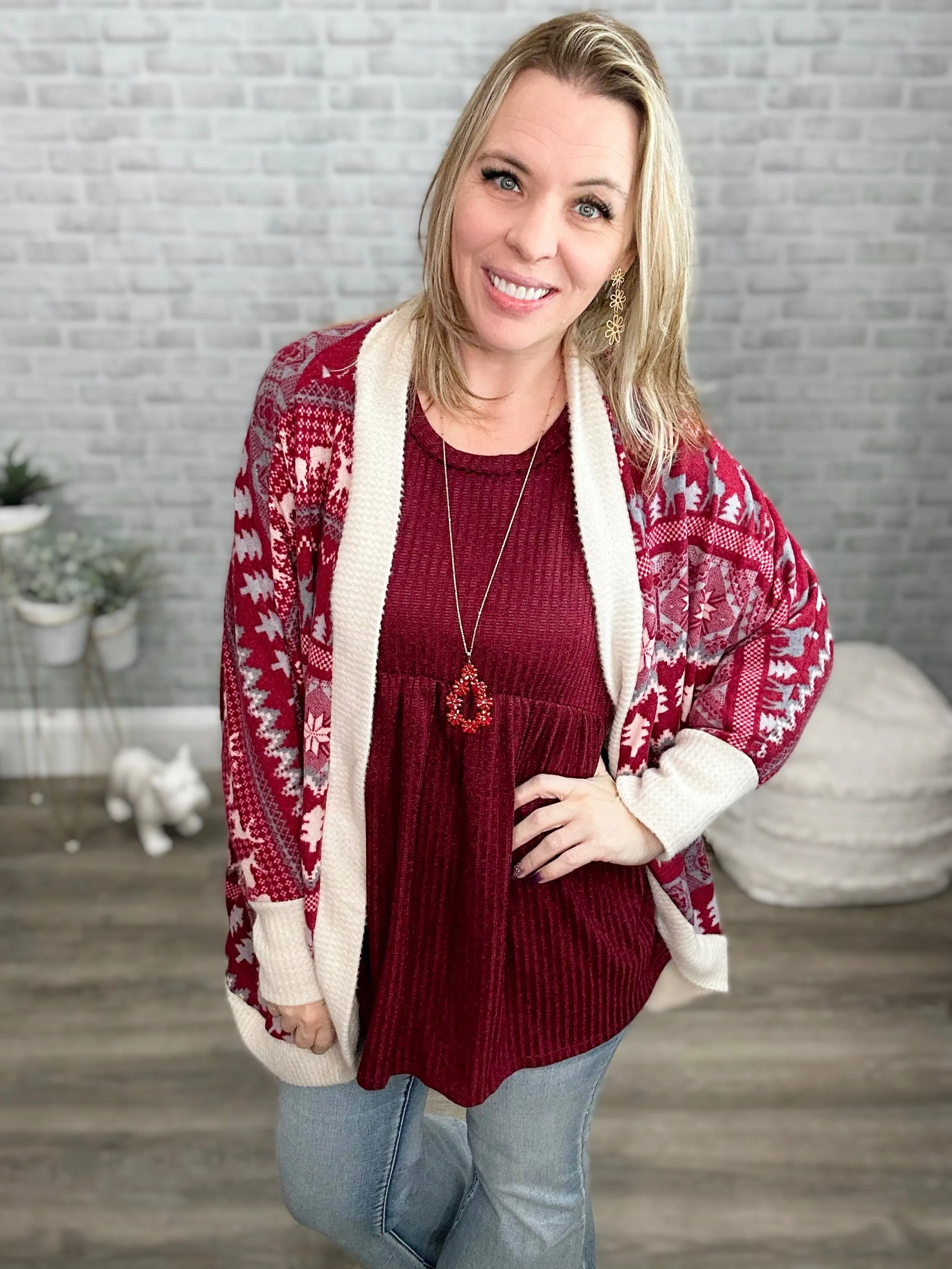 Brushed Snuggly Soft Burgundy Winter Print Cardigan