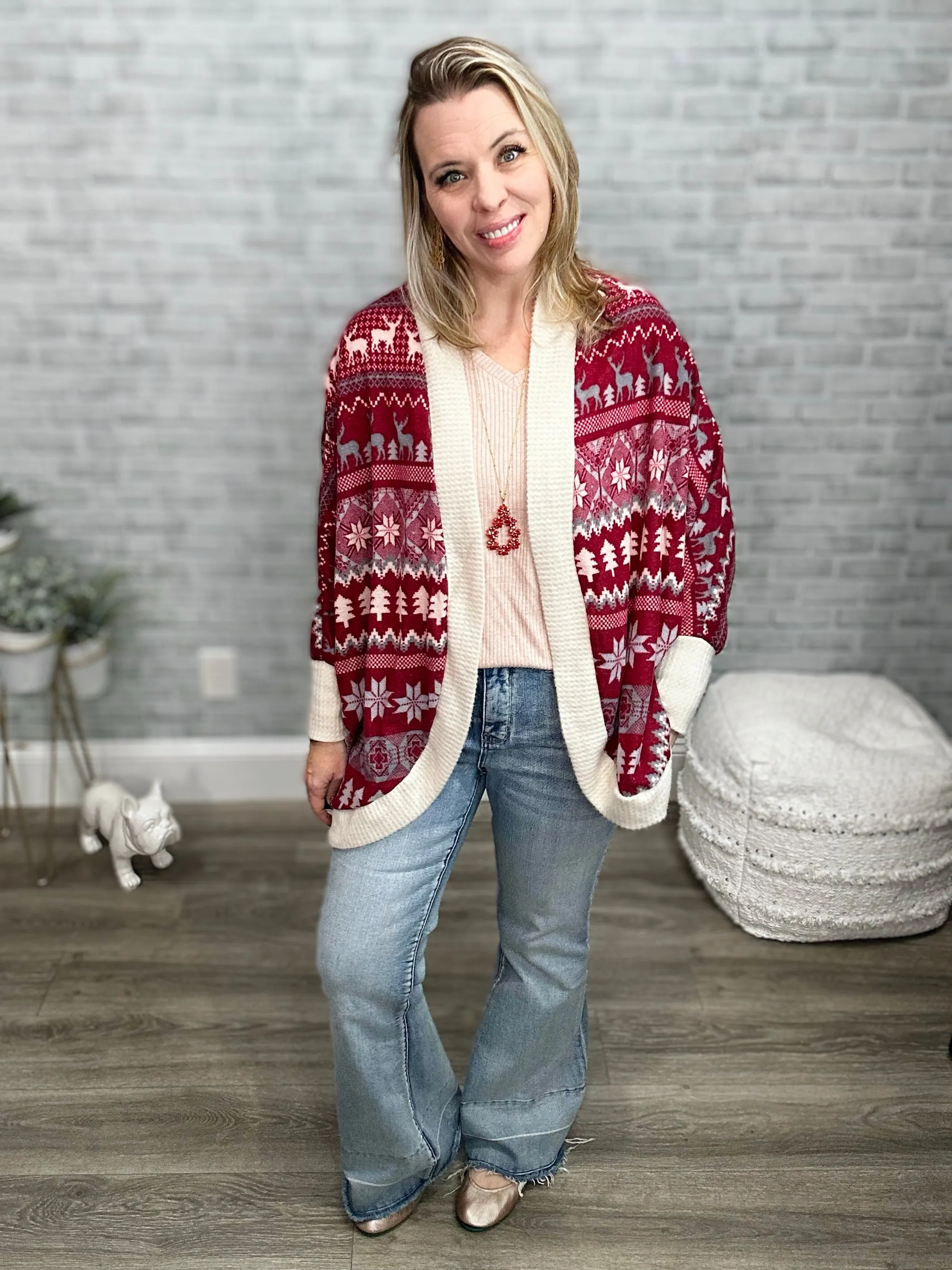 Brushed Snuggly Soft Burgundy Winter Print Cardigan