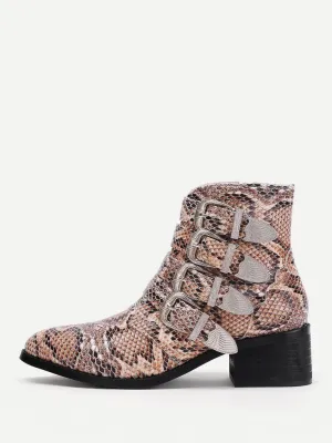Buckle Decorated Snakeskin Print PU Ankle Boots