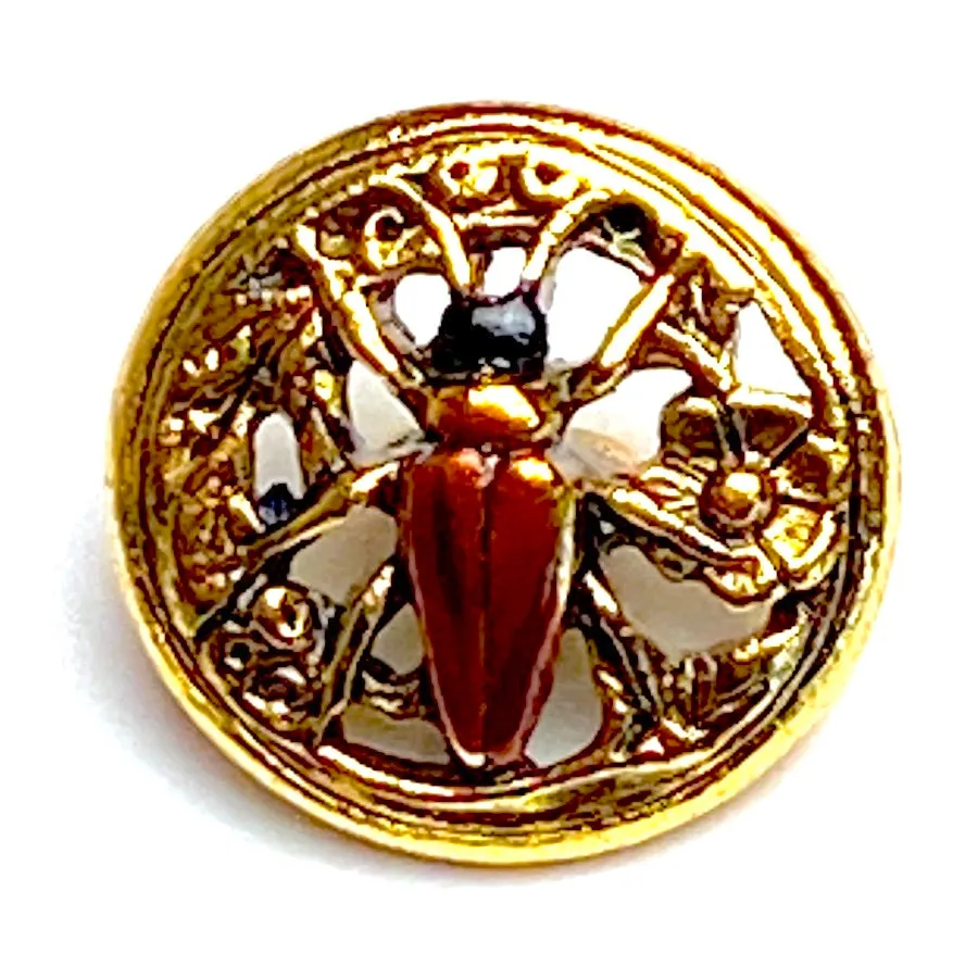 Bug Button, Shiny Red/Gold 1/2" by Susan Clarke  #SC-348